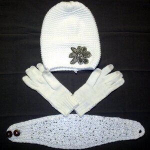 Candie's Hat, SimplyVera Gloves, Mixit Headband Winter Set, White with SPARLKES!
